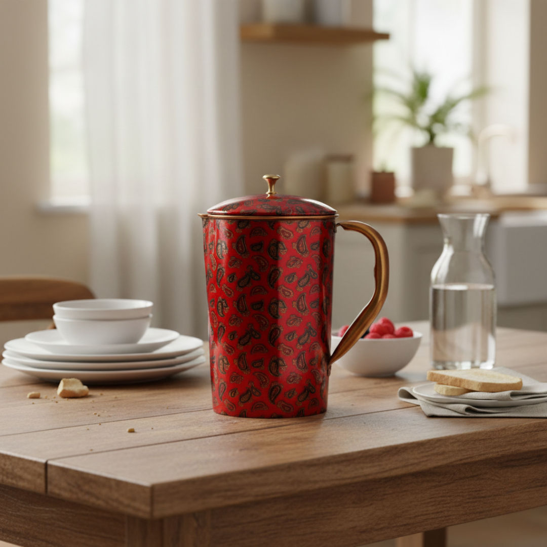 Pure copper paisley printed design jug with brass knob on lid candy, 1500 ML